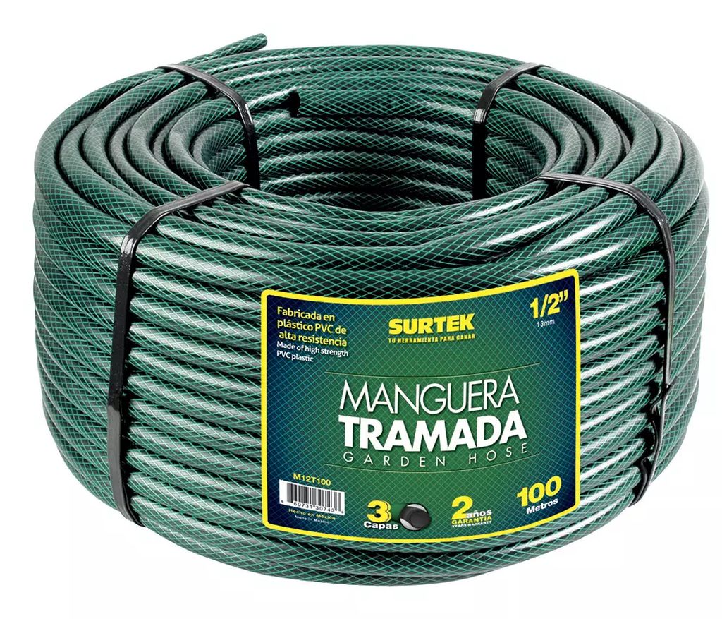 MANGUERA PARA JARDIN EN ROLLO 1/2" (13MM) X 100MT TRAMADA VERDE 3 CAPAS, SURTEK
