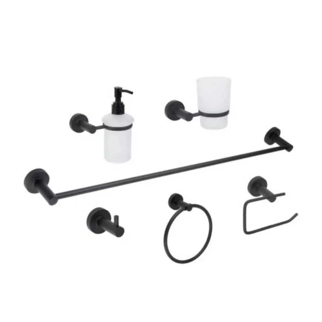 JUEGO DE ACCS. PARA BAÑO NEGRO(TOALLERO BARRA, ARGOLLA, PORTARROLLO, GANCHO, PORTAVASO Y DISPENZADOR)(6PZAS), DICA