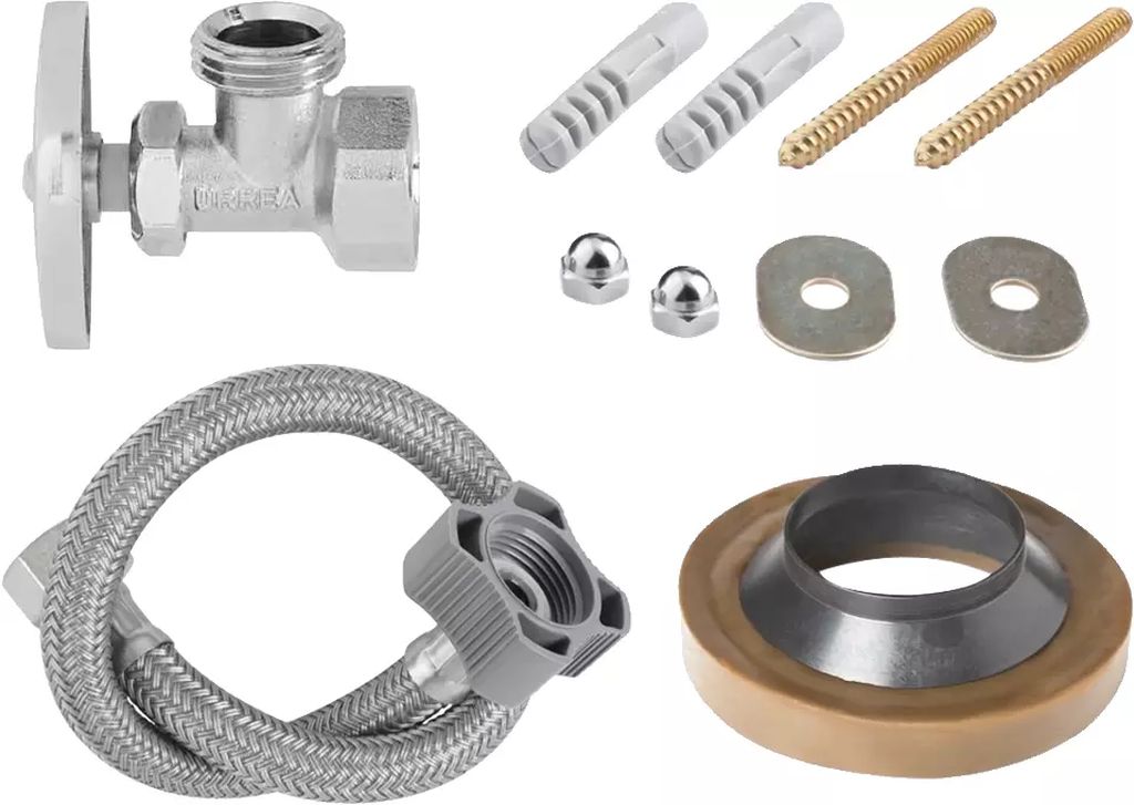 KIT DE INSTALACION PARA SANITARIO INCLUYE LLAVE ANGULAR + MANGUERA FLEXIBLE + CUELLO DE CERA, URREA PLOMERIA